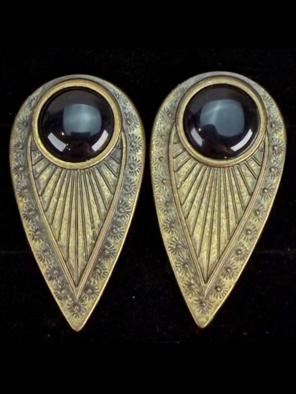 Bohemian chic weighted, brass tone, black vintage, pierced earrings